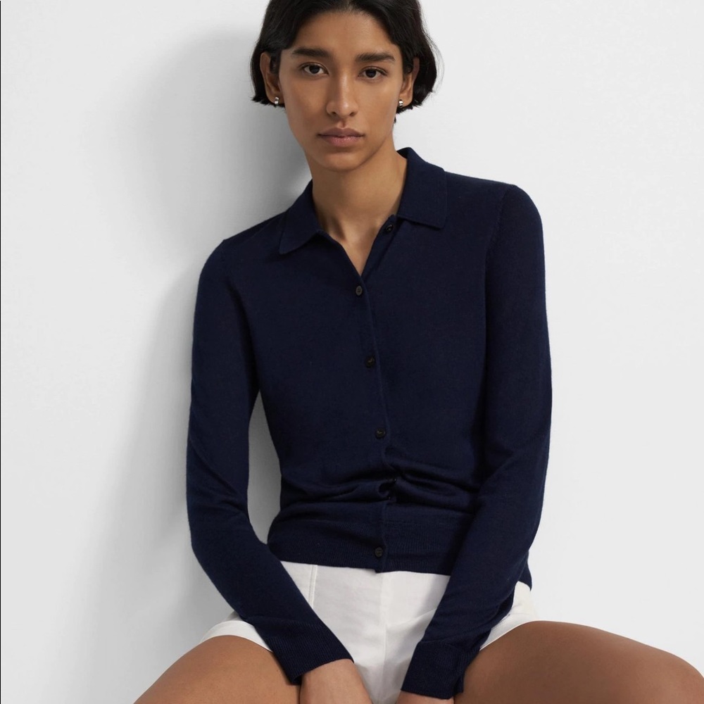 THEORY POLO CARDI IN SILK NAVY-NWT